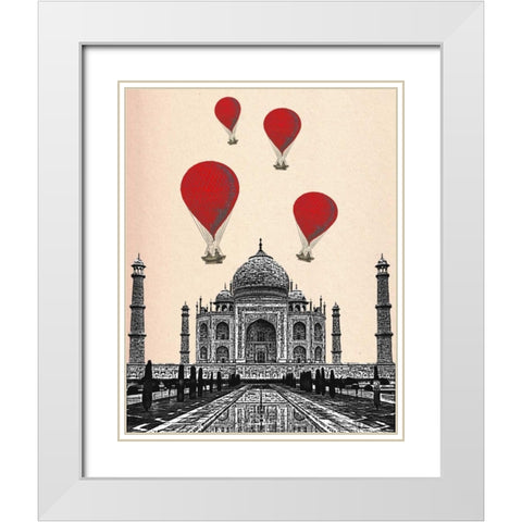 Taj Mahal and Red Hot Air Balloons White Modern Wood Framed Art Print with Double Matting by Fab Funky