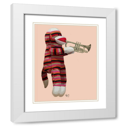 Sock Monkey Playing Trumpet White Modern Wood Framed Art Print with Double Matting by Fab Funky