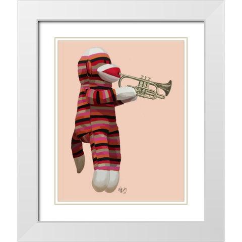 Sock Monkey Playing Trumpet White Modern Wood Framed Art Print with Double Matting by Fab Funky