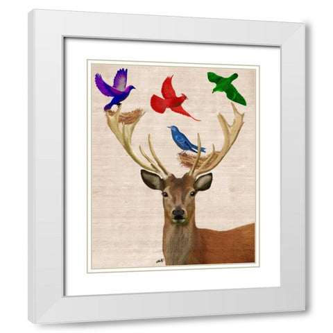 Deer and Birds Nests White Modern Wood Framed Art Print with Double Matting by Fab Funky