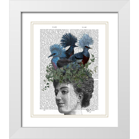 Woman with Blue Birds On Head White Modern Wood Framed Art Print with Double Matting by Fab Funky