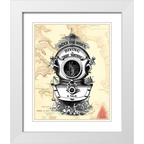 Diving Helmet on Map White Modern Wood Framed Art Print with Double Matting by Fab Funky