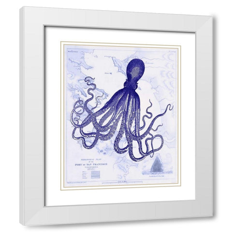 Blue Octopus 1 on Nautical Map White Modern Wood Framed Art Print with Double Matting by Fab Funky