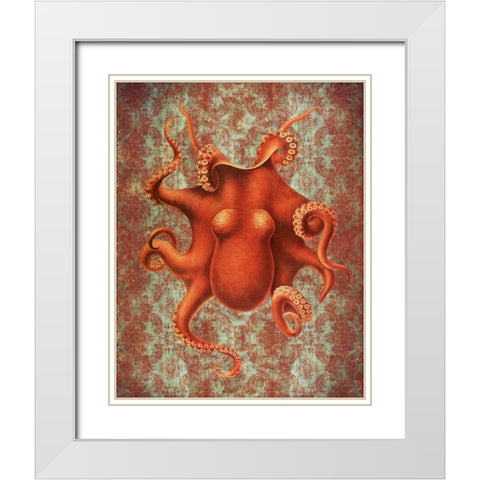 Octopus 4 Red Damask White Modern Wood Framed Art Print with Double Matting by Fab Funky