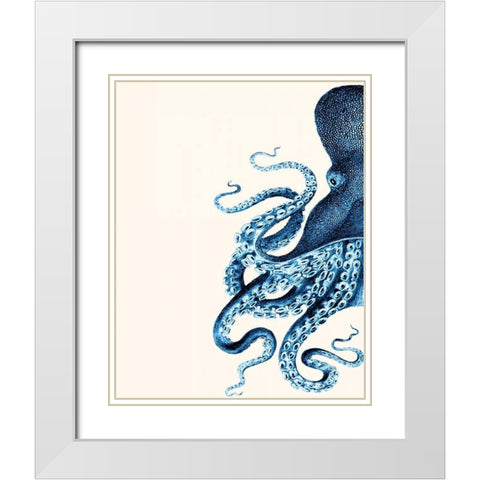 Octopus Navy Blue and Cream a White Modern Wood Framed Art Print with Double Matting by Fab Funky