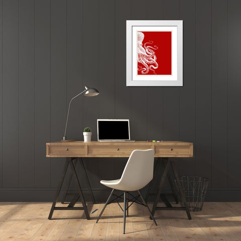 Octopus Red and White b White Modern Wood Framed Art Print with Double Matting by Fab Funky