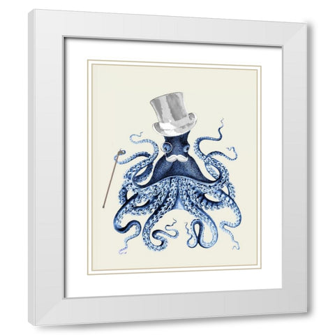Octopus Print Blue on Cream b White Modern Wood Framed Art Print with Double Matting by Fab Funky