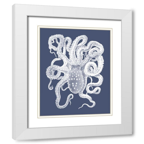 White Octopus on Indigo Blue a White Modern Wood Framed Art Print with Double Matting by Fab Funky