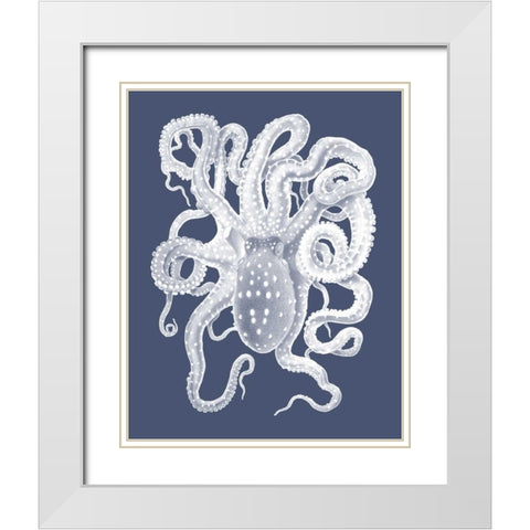 White Octopus on Indigo Blue a White Modern Wood Framed Art Print with Double Matting by Fab Funky