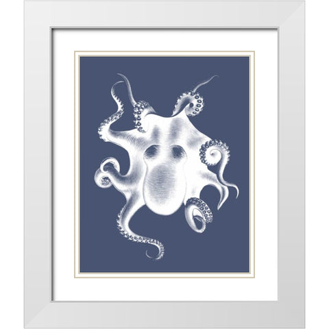 White Octopus on Indigo Blue d White Modern Wood Framed Art Print with Double Matting by Fab Funky