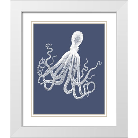 White Octopus on Indigo Blue e White Modern Wood Framed Art Print with Double Matting by Fab Funky