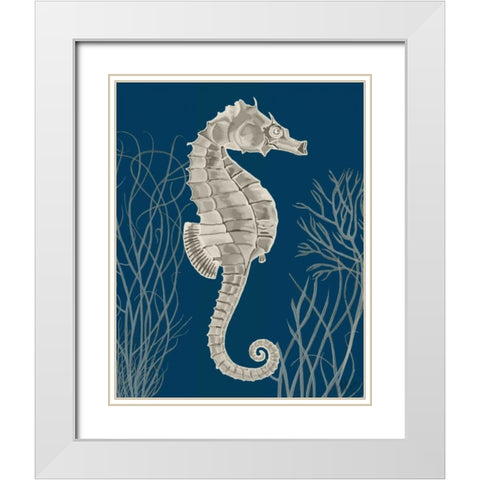 Silver Grey Seahorses on Blue a White Modern Wood Framed Art Print with Double Matting by Fab Funky