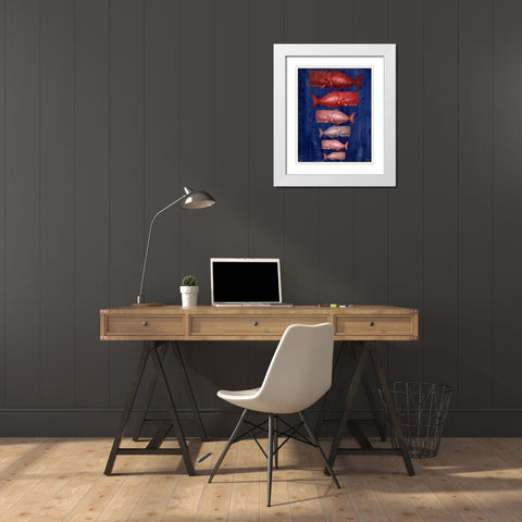Whale Family Red On Blue White Modern Wood Framed Art Print with Double Matting by Fab Funky