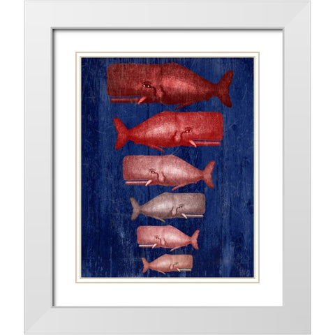 Whale Family Red On Blue White Modern Wood Framed Art Print with Double Matting by Fab Funky