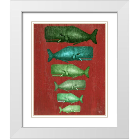 Whale Family Green on Red White Modern Wood Framed Art Print with Double Matting by Fab Funky