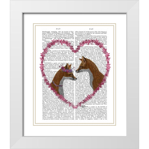 Foxes in Pink Heart White Modern Wood Framed Art Print with Double Matting by Fab Funky