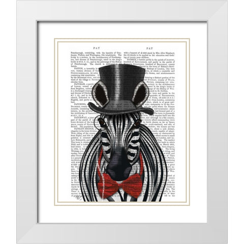 Zebra with Top Hat and Bow Tie 2, Forwards White Modern Wood Framed Art Print with Double Matting by Fab Funky