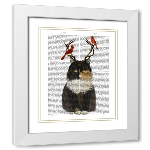 Tortoiseshell Cat, Antlers and Red Birds White Modern Wood Framed Art Print with Double Matting by Fab Funky