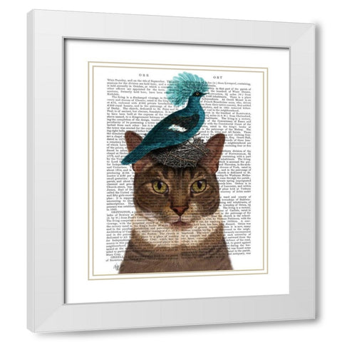 Cat with Nest and Blue Bird White Modern Wood Framed Art Print with Double Matting by Fab Funky