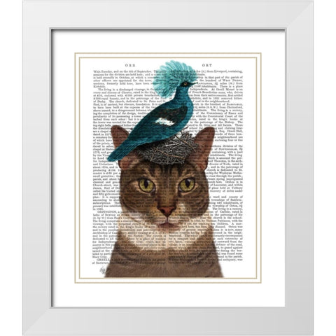 Cat with Nest and Blue Bird White Modern Wood Framed Art Print with Double Matting by Fab Funky