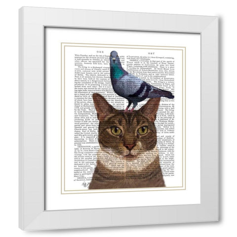 Cat with Pigeon on Head White Modern Wood Framed Art Print with Double Matting by Fab Funky