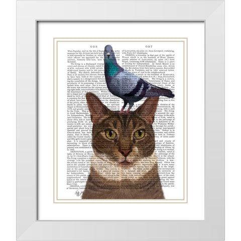 Cat with Pigeon on Head White Modern Wood Framed Art Print with Double Matting by Fab Funky
