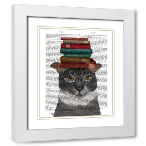 Grey Cat with Books on Head White Modern Wood Framed Art Print with Double Matting by Fab Funky