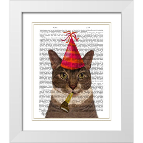 Tortoiseshell Cat, Party Hat White Modern Wood Framed Art Print with Double Matting by Fab Funky