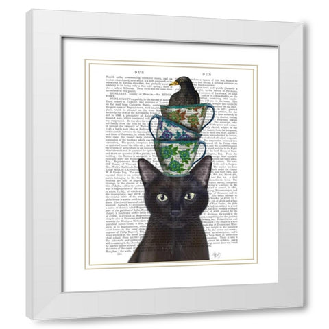 Black Cat with Teacups and Blackbird White Modern Wood Framed Art Print with Double Matting by Fab Funky