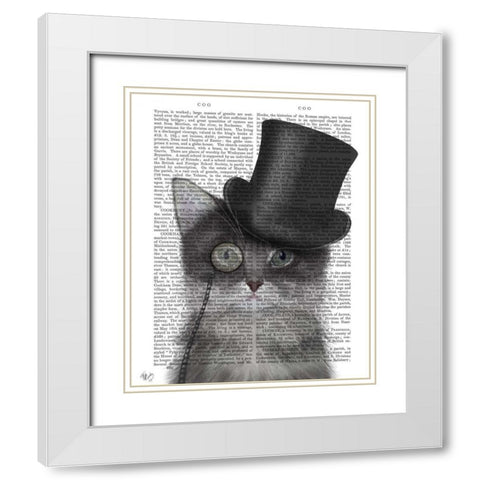 Cat, Grey with Top Hat White Modern Wood Framed Art Print with Double Matting by Fab Funky