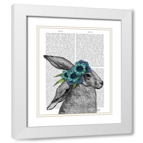 Rabbit, Blue Flower Headdress White Modern Wood Framed Art Print with Double Matting by Fab Funky