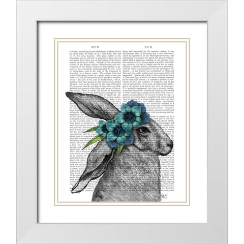 Rabbit, Blue Flower Headdress White Modern Wood Framed Art Print with Double Matting by Fab Funky