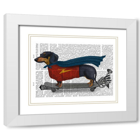 Dachshund On Skateboard White Modern Wood Framed Art Print with Double Matting by Fab Funky