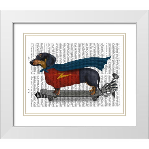 Dachshund On Skateboard White Modern Wood Framed Art Print with Double Matting by Fab Funky