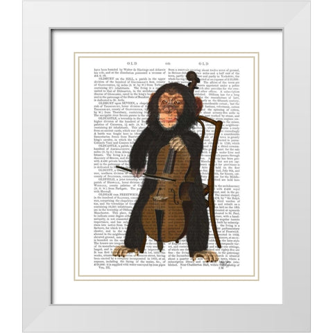 Chimp Playing Cello White Modern Wood Framed Art Print with Double Matting by Fab Funky