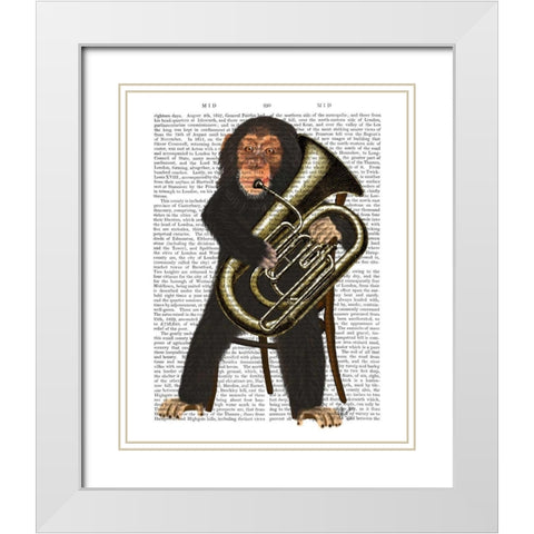 Chimp Playing Tuba White Modern Wood Framed Art Print with Double Matting by Fab Funky