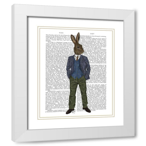 Rabbit in Blue Waistcoat White Modern Wood Framed Art Print with Double Matting by Fab Funky