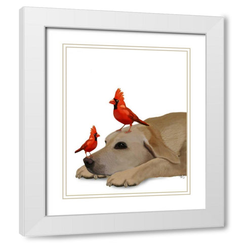 Labrador with Red Birds White Modern Wood Framed Art Print with Double Matting by Fab Funky