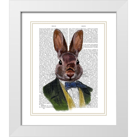 Rabbit in Green Jacket White Modern Wood Framed Art Print with Double Matting by Fab Funky