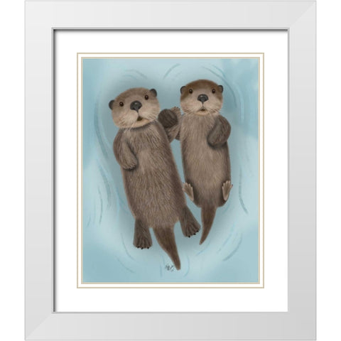 Otters Holding Hands White Modern Wood Framed Art Print with Double Matting by Fab Funky
