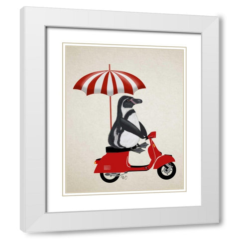Penguin On Red Moped White Modern Wood Framed Art Print with Double Matting by Fab Funky