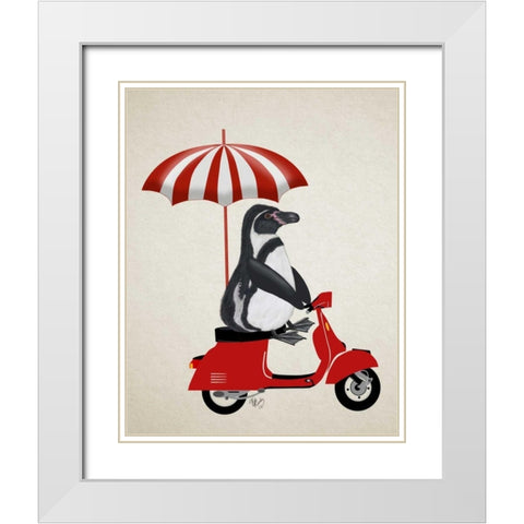 Penguin On Red Moped White Modern Wood Framed Art Print with Double Matting by Fab Funky