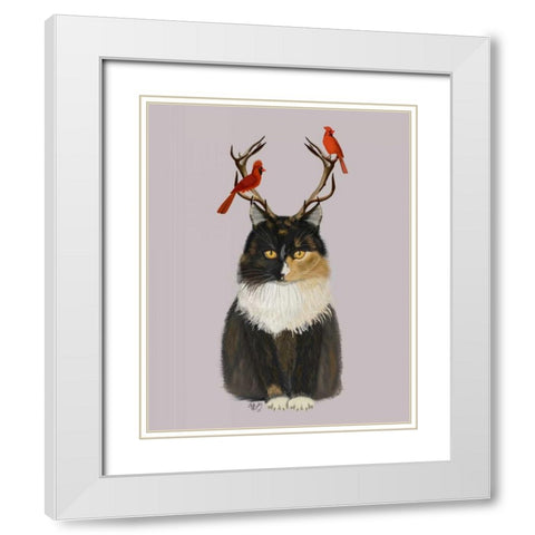 Tortoiseshell Cat, Antlers and Red Birds White Modern Wood Framed Art Print with Double Matting by Fab Funky