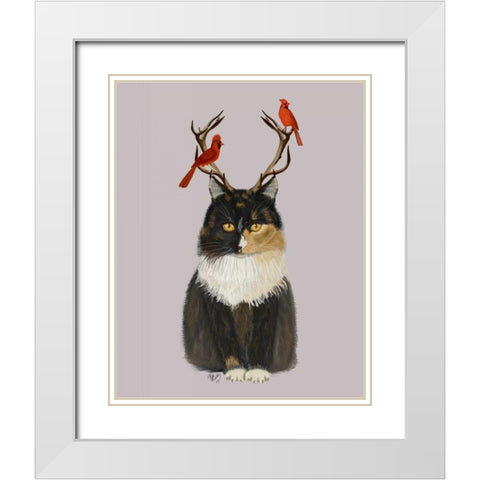 Tortoiseshell Cat, Antlers and Red Birds White Modern Wood Framed Art Print with Double Matting by Fab Funky
