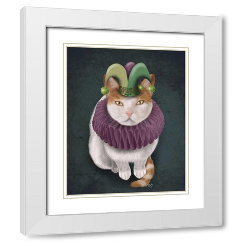 Cat, White with Jester Hat White Modern Wood Framed Art Print with Double Matting by Fab Funky