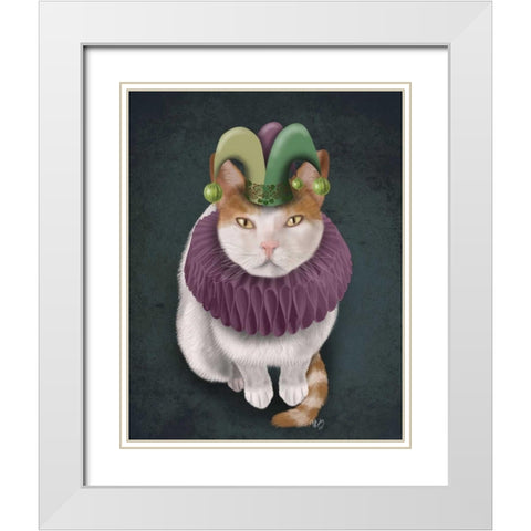 Cat, White with Jester Hat White Modern Wood Framed Art Print with Double Matting by Fab Funky