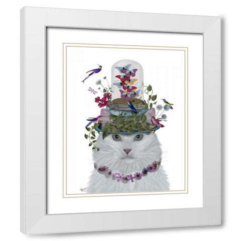 Cat, White with Butterfly bell jar White Modern Wood Framed Art Print with Double Matting by Fab Funky
