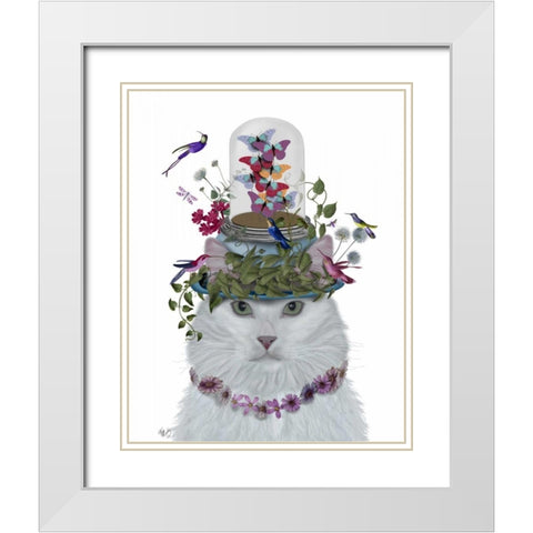 Cat, White with Butterfly bell jar White Modern Wood Framed Art Print with Double Matting by Fab Funky