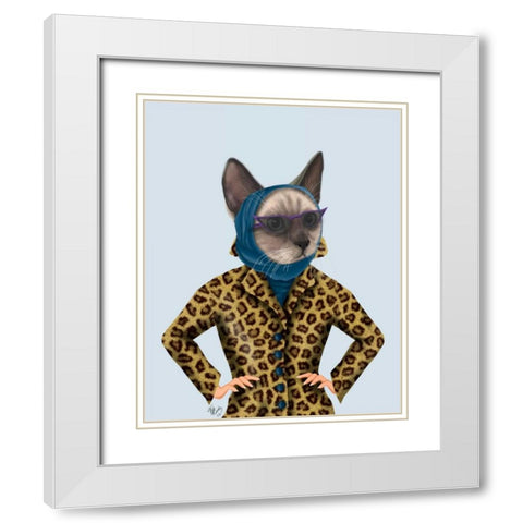 Cat with Leopard Jacket White Modern Wood Framed Art Print with Double Matting by Fab Funky