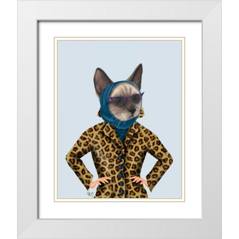 Cat with Leopard Jacket White Modern Wood Framed Art Print with Double Matting by Fab Funky